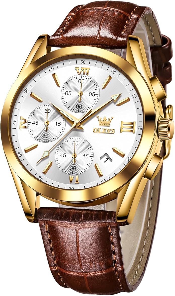 OLEVS Men's Chronograph Leather Watch, Big Face Easy to Read Analog Quartz Dress Watch, Casual Waterproof Luminous Hands Date Watches for Men, White/Blue/Black/Gold Dial