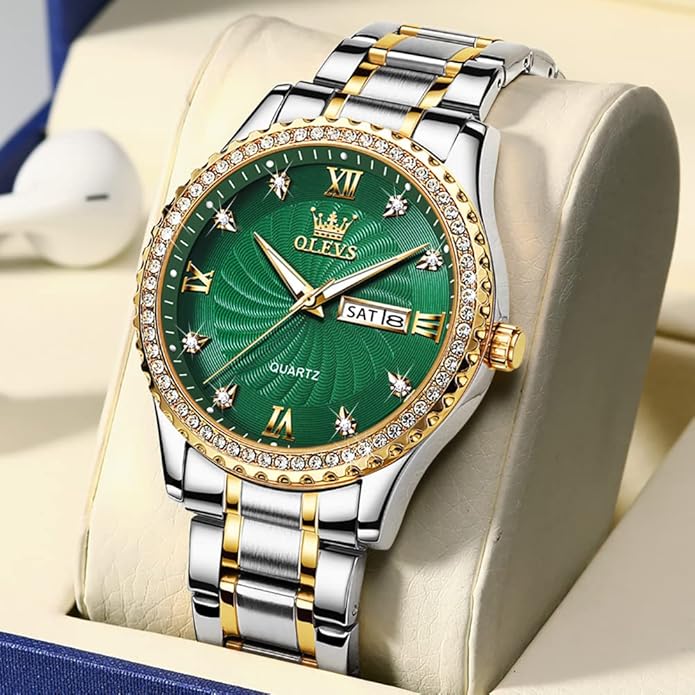 Men's Casual Stainless Steel Watch, Big Face Easy to Read Analog Quartz Watch with Day and Date, Classic Waterproof Diamond Roman Arabic Numerals Dial Dress Watch for Men, Gold Silver Black Band