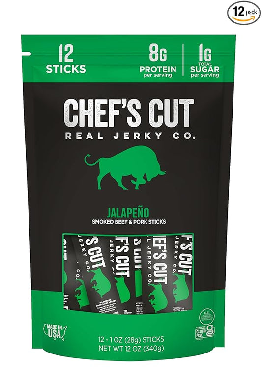 Chef’s Cut Real Snack Sticks | High Protein Meat Snack Sticks with 8g Protein, Gluten Free, Keto-Friendly| Premium Smoked Beef & Pork Blend | Jalapeño Heat | 1 oz Stick (12-Count Bag)
