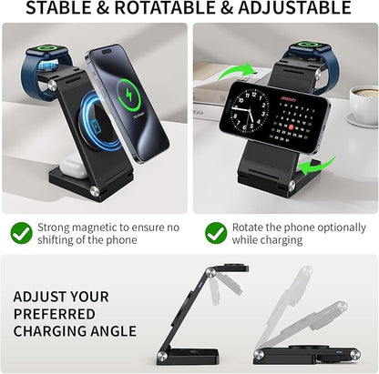 2026 Traveling Wireless Mag-Safe Fast Charging Station,Magnetic 3 in 1 Charger with Light for iPhone 16 15 14 13 12 Pro Max Plus,Apple Watch Series & Air pods 4 3 2 Pro-Gifts for Wife & Husband