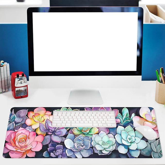 Succulent Plants Desk Pad Mouse Pad Colorful Floral Botanical Art Extended Gaming Mouse Pad Mat with Stitched Edge Non-Slip Base Big Mousepad 31.5"x11.8"