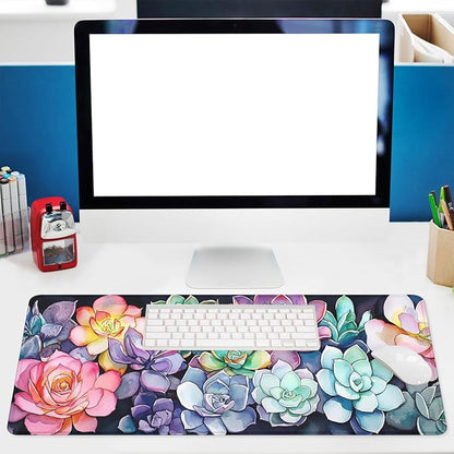 Succulent Plants Desk Pad Mouse Pad Colorful Floral Botanical Art Extended Gaming Mouse Pad Mat with Stitched Edge Non-Slip Base Big Mousepad 31.5"x11.8"
