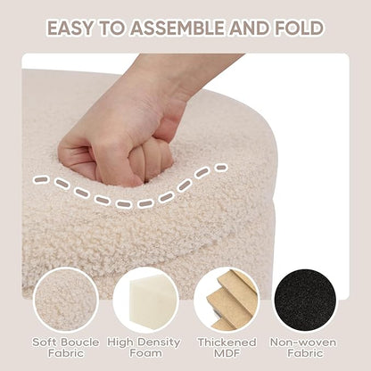 PINPLUS Round Storage Ottoman Foot Rest Stool with Tray Velvet Sherpa Folding Storage Ottoman,Boucle Foot Rest for Living Room, Bedroom, Dorm,Beige Color