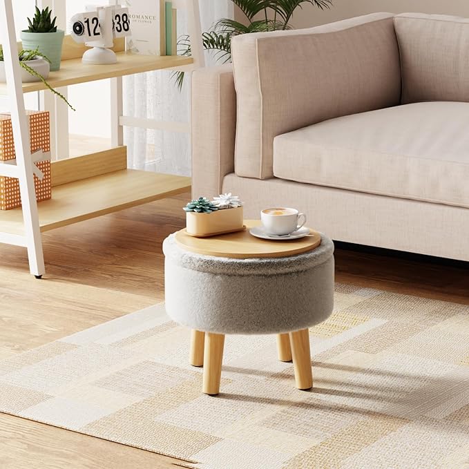 Poofzy Small Ottoman with Storage, Small Foot Stool Ottoman with Wood Legs, Faux Fur Foot Rest for Couch, Living Room and Bedroom - Smog Gray