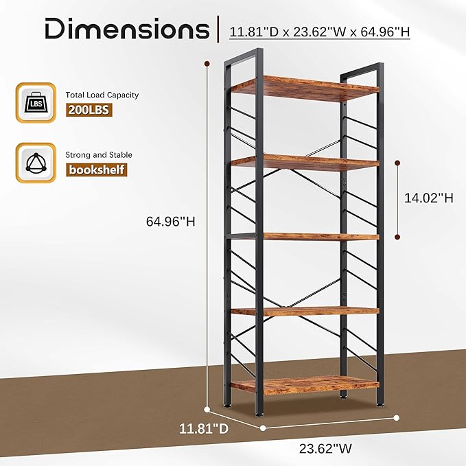 5 Tier Bookshelf, Industrial Tall Bookcase, Modern Display Shelves with Metal Frame and Sidebars for Bedroom, Living Room and Home Office, Rustic Brown