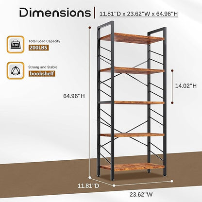 5 Tier Bookshelf, Industrial Tall Bookcase, Modern Display Shelves with Metal Frame and Sidebars for Bedroom, Living Room and Home Office, Rustic Brown