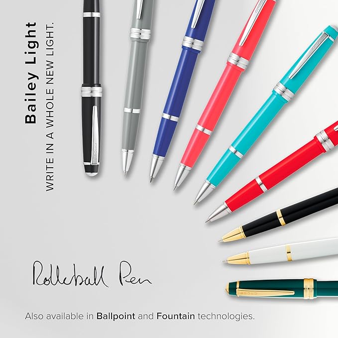 Cross Bailey Light Refillable Rollerball Pen Presented in a Everyday Gift Box - Medium Point, Black Ink, Polished Black
