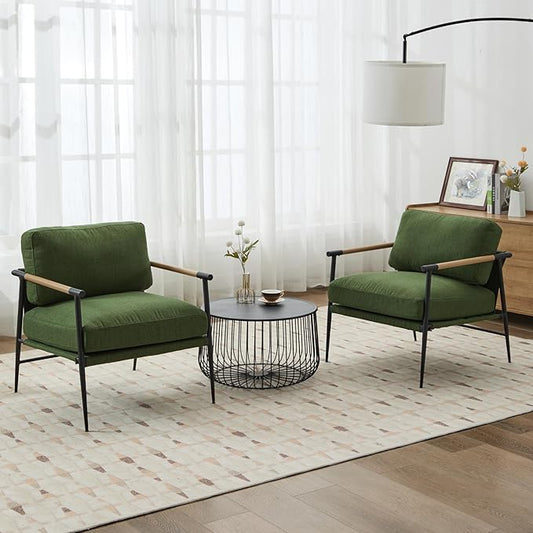Mid-Century Accent Chair Set of 2, Soft Armchair Linen Fabric Lounge Chair with Black Metal Legs, Upholstered Leisure Chair for Living Room Reception Room, Green