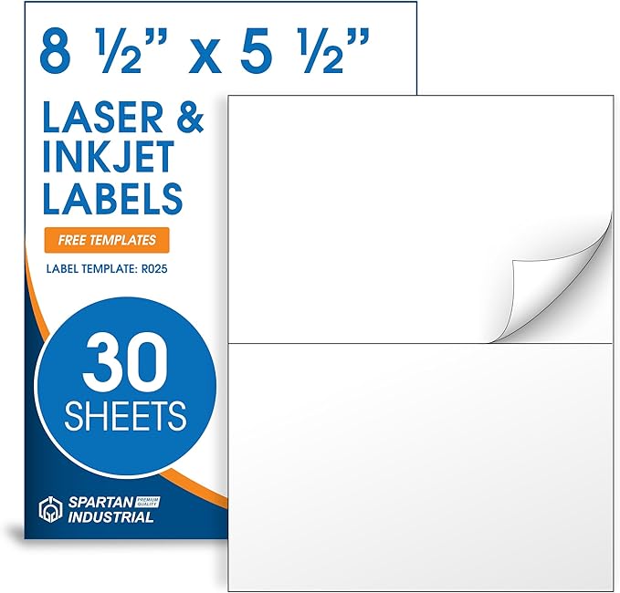 8.5" X 5.5" Printable Half-Sheet Shipping Labels Compatible with Inkjet and Laser Printers - 30 Sheets, 60 Total Matte White Paper Stickers for Mailing and Boxes - Spartan Industrial Template R025