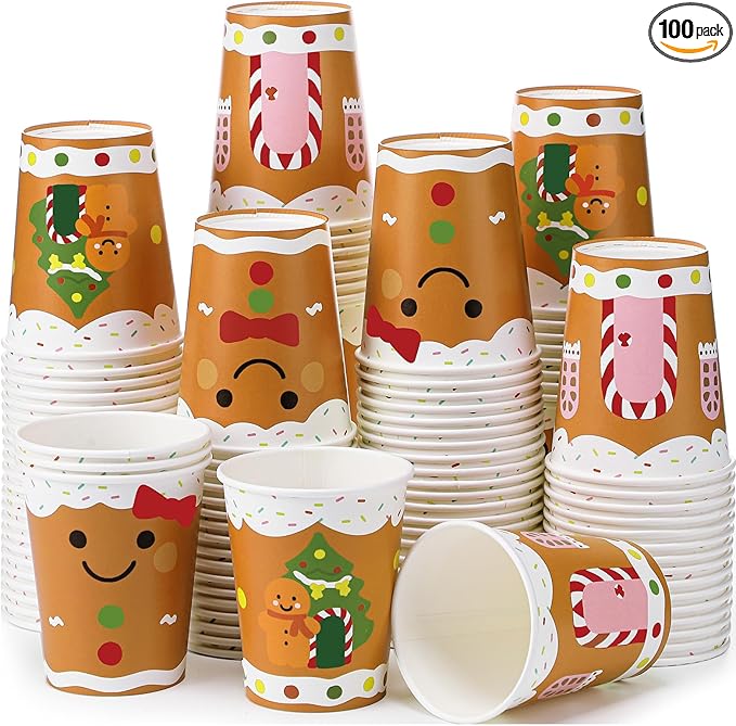 Funtery 100 Pieces Christmas Gingerbread Paper Cups Hot Chocolate Cups Xmas Disposable Coffee Cup Gingerbread Man Christmas Tree Candy Xmas 9 Ounce Drinking Tea Paper for Daily Use Holiday