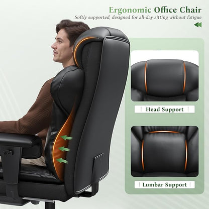 Office Chair with High Back,28.7" Deep Seat,Big and Tall Executive Leather Office Chair with Foot Rest & Arms,Reclining Desk Chair Ergonomic with Lumbar Support for Home Office,Blcak