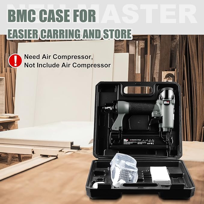 NEU Master Pneumatic Brad Nailer, 2 in 1 Nail Gun Staple Gun Fires 18 Gauge 2 Inch Brad Nails and Crown 1-5/8 inch Staples with Carrying Case and Safety Glasses(Used with Air Compressor)