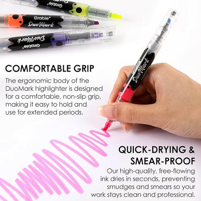 Grabie 20 Dual Tip Colors Highlighters, DuoMark Highlighter Set of 10, Dual Tone Highlighters Assorted Colors, Versatile Chisel Tip, Highlighter Markers, Note-taking