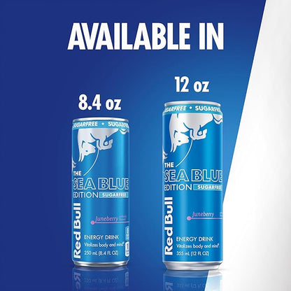 Red Bull Sea Blue Edition Sugar-Free Energy Drink, Juneberry, with 80mg Caffeine plus Taurine & B Vitamins, 8.4 Fl Oz, Pack of 4 Cans
