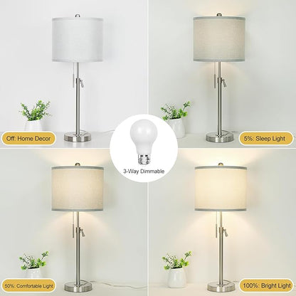 Brushed Nickel Table Lamps Set of 2: 22" to 30" Height Adjustable Nightstand Lamps with Grey Linen Shade Pull Chain Switch Silver Pole Beside Lamp for Living Room Bedroom (Brushed Nickel,Grey Shade)