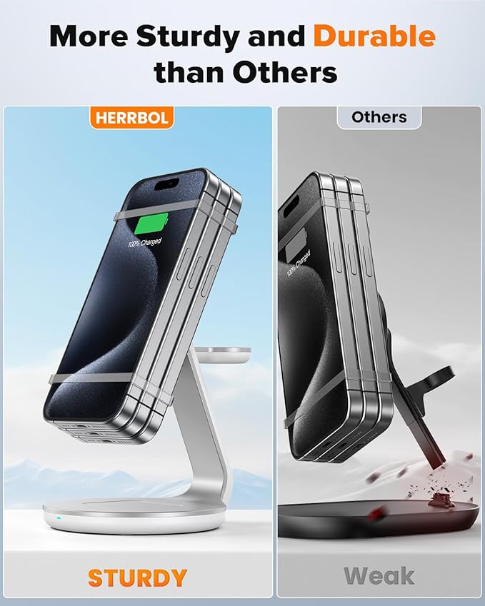 HERRBOL 3 in 1 Charging Station Compatible with Magsafe Charger Wireless Charger Stand for iPhone 17 16e 16 15 14 13 12 Wireless Charging Station for AirPods Wireless Charging Stand for iWatch Series