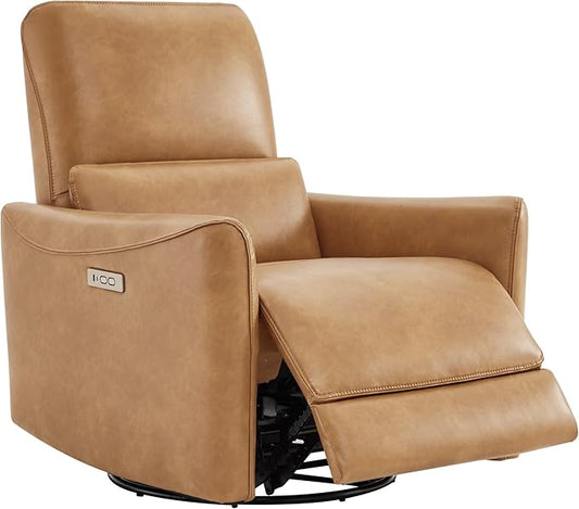 CHITA Power Recliner Chair Swivel Glider, FSC Certified Upholstered Faux Leather Living Room Nursery Reclining Sofa Chair with Lumbar Support, Cognac Brown