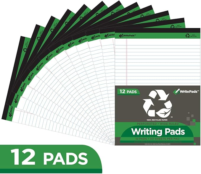 KAISA Legal Pad Writing Pads,Wide Ruled, 8.5"x11.75" Wide Ruled, 56GSM Paper Notepads, 12pads (White 24pad, 8.5x11.75inch)