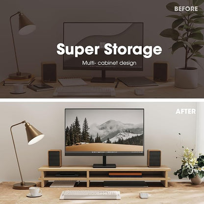 Fenge Dual Monitor Stand, 39.4in Wood Monitor Riser for 2 Monitors, 2 Tiers Desk Shelf with Cable Mangement for Top of Desk, Computer Stand for Laptop, PC, Printer