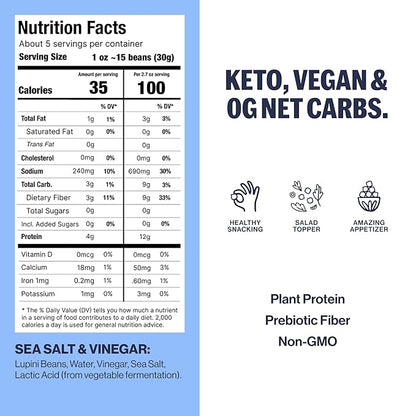 Brami Lupini Beans Snack, Sardinian Sea Salt & Vinegar | 7g Plant Protein, 0g Net Carbs | Vegan, Vegetarian, Keto, Plant Based, Mediterranean Diet | 5.3 Ounce (8 Count)