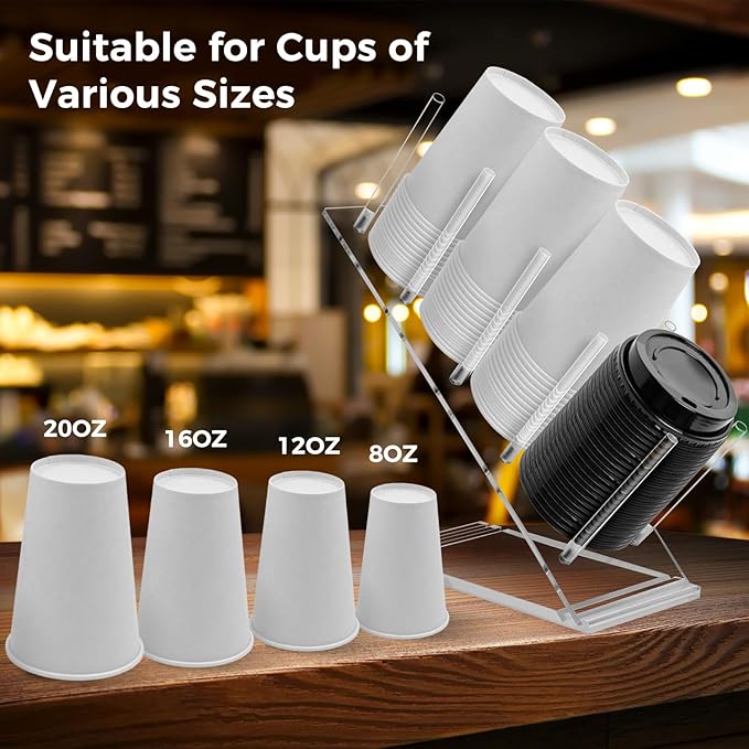 Acrylic Cup and Lid Holder, Adjustable Coffee Cup Holder Organizer Disposable Cup Dispenser Stand Countertop for Coffee Bar Station Bakery Breakroom 4 Compartment