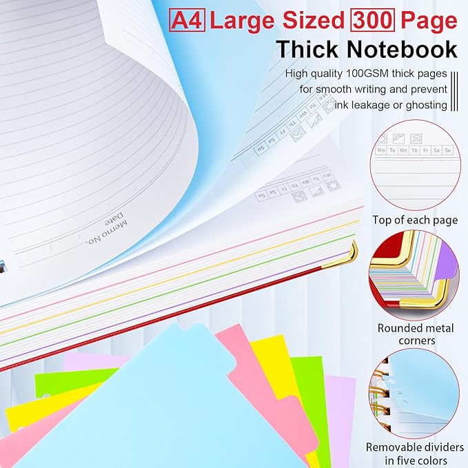 Hardcover Spiral Notebook 8.5"x11" Journal Notebook with Tabs and Removable Dividers 300 Pages 5 Subject Notebook College Ruled, Faux Leather Spiral Bound Notebook for Women School Work(Red)