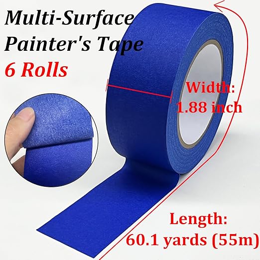 6 Rolls Painters Tape, Blue Tape, 1.88inch x 60.1yds, Premium Blue Painter's Tape Masking Tape, Multi-Surface Painting Tape for Indoor&Outdoor Use, DIY Crafts Arts, Labeling, Decorations, Easy Removal