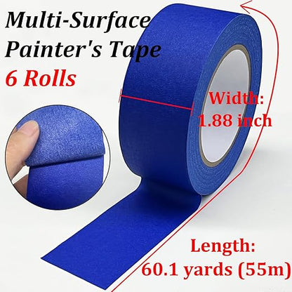 6 Rolls Painters Tape, Blue Tape, 1.88inch x 60.1yds, Premium Blue Painter's Tape Masking Tape, Multi-Surface Painting Tape for Indoor&Outdoor Use, DIY Crafts Arts, Labeling, Decorations, Easy Removal