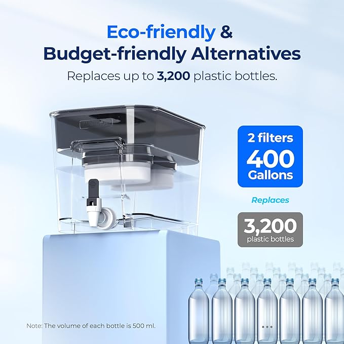 Waterdrop 40 Cup Dual Filter Dispenser, 8X Faster Filtration, 400-Gallon Lifespan, Water Filter Dispenser for Home/Office, 2 Replacements, 10X Longer Lifetime, Reduces Chlorine, PFOA/PFOS, Black