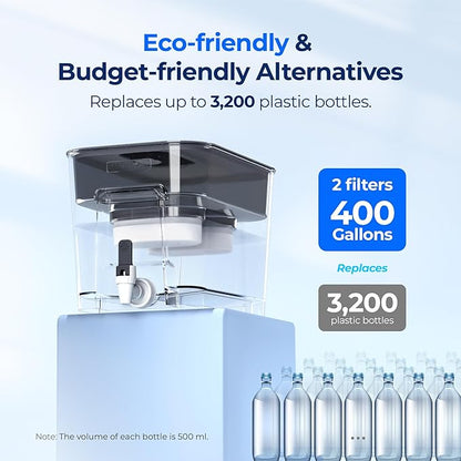 Waterdrop 40 Cup Dual Filter Dispenser, 8X Faster Filtration, 400-Gallon Lifespan, Water Filter Dispenser for Home/Office, 2 Replacements, 10X Longer Lifetime, Reduces Chlorine, PFOA/PFOS, Black