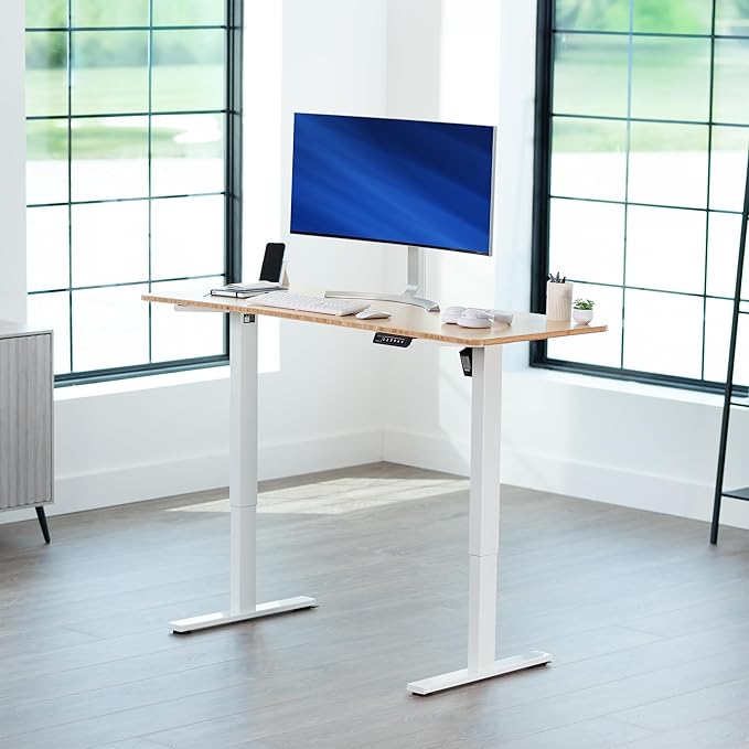 VIVO Electric 60 x 24 in Real Bamboo Standing Desk, Memory Height Adjustment, 1B Series, One-Piece Top, White Frame, DESK-KIT-1W6O
