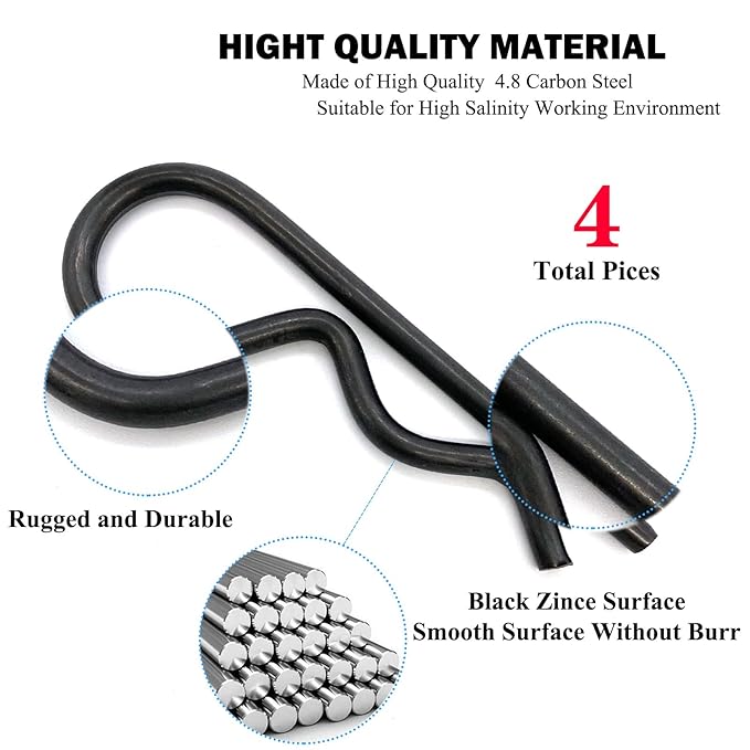 4 Pcs Heavy Duty Hitch Pins Clip R Clips Spring Retaining Wire Hair Pins Cotter Pin Strong Spring Tension Large Carter Pin R clip large for trailer Tractors Mower Cart Truck Black zinc M5x100mm