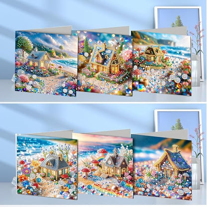 6pcs DIY Small House Diamond Art Painting Greeting Cards Kit, Rhinestone Art Holiday Birthday Card Set with Envelopes, DIY Festival Craft for Girlfriend, Christmas Valentine Gift Making Supplies