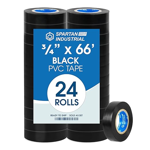 SPARTAN INDUSTRIAL - 3/4" X 66' Black Vinyl Tape - 24 Rolls of Electrical Tape for Wire and Cable Bundling, Insulation, Repairing