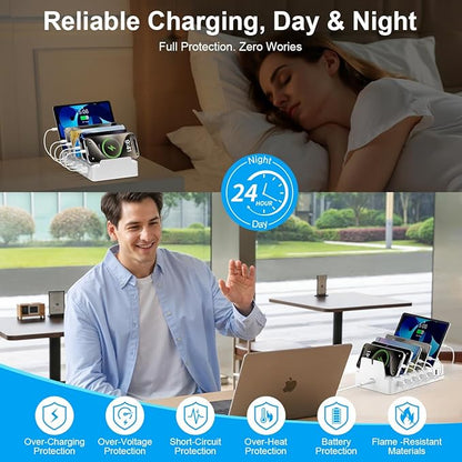 Charging Station for Multiple Devices, 6 Port USB Charger with Holder Stand and Cables for iPad, Apple, Android, Tablet, Office Desk Charging Dock Storage Organizer (White)