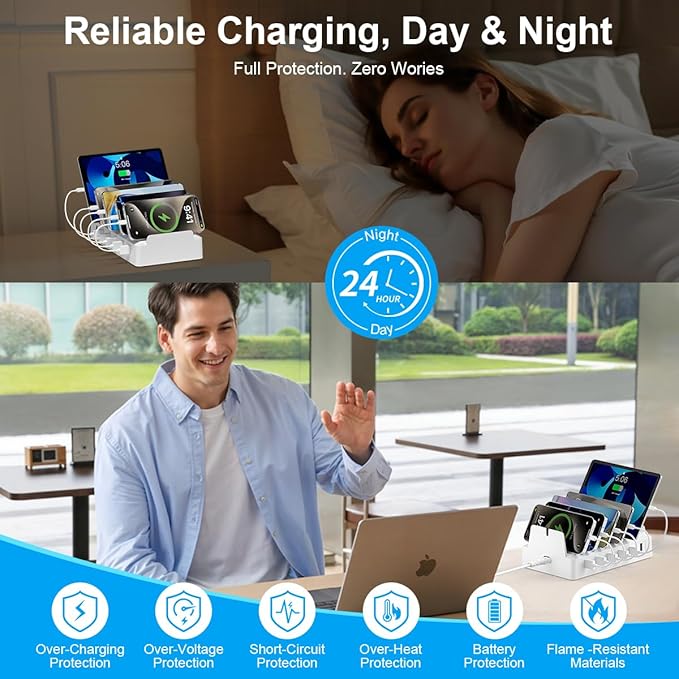 Charging Station for Multiple Devices, 6 Port USB Charger with Holder Stand and Cables for iPad, Apple, Android, Tablet, Office Desk Charging Dock Storage Organizer (Black)