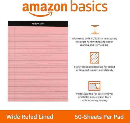 Amazon Basics Wide Ruled 8.5 x 11.75-Inch 50 Sheet Perforated Lined Writing Note Pads, Pack of 6, 300 Count, Multicolor