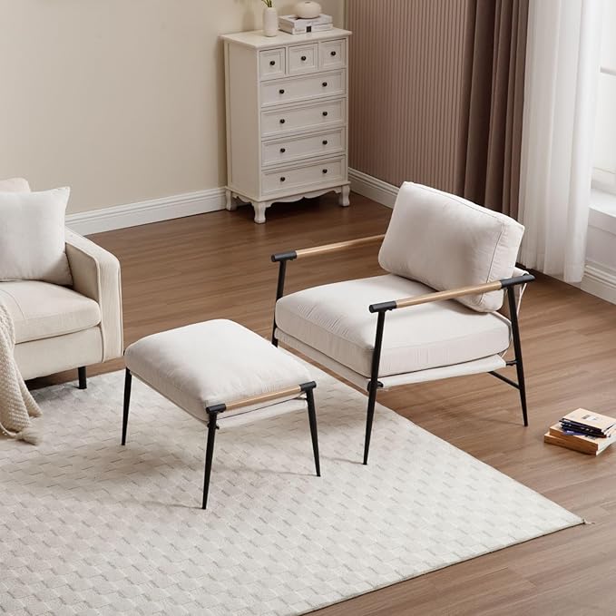LukeAlon Mid-Century Chenille Accent Chairs with Ottoman Set of 2, Soft Living Room Chairs with Metal Legs Modern Upholstered Armchairs Lounge Chair with Footstool for Bedroom Reading Room, Beige