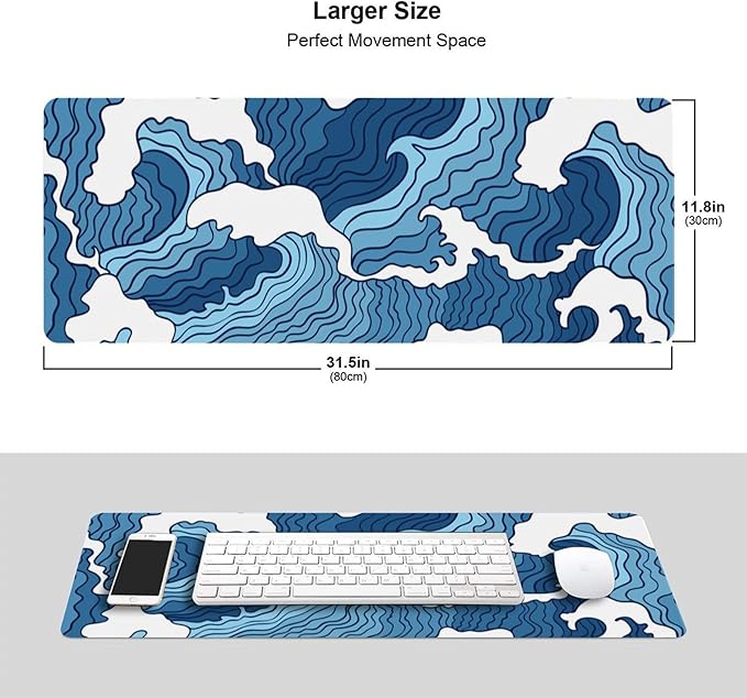 Japanese Blue and White Wave Gaming Mouse Pad XL, Non Slip Rubber Base Mousepad, Stitched Edges Desk Pad, Extended Large Mice Pad,31.5 X 11.8 Inch