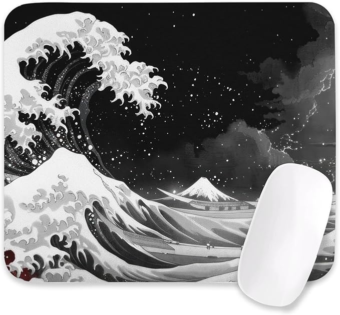 Black Wave of Kanagawa Patterns Desk Mat, Large Gaming Mouse Pad Non-Slip Rubber Base with Stitched Edges, Waterproof Protection for PC Laptop Home Office Desk Decor (8x9in)