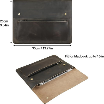 Genuine Leather Sleeve for 13/14/15-in MacBook Pro & MacBook Air, Slim Protective Laptop Case, Folio Document Organizer Leather Folder Portfolio-Grey