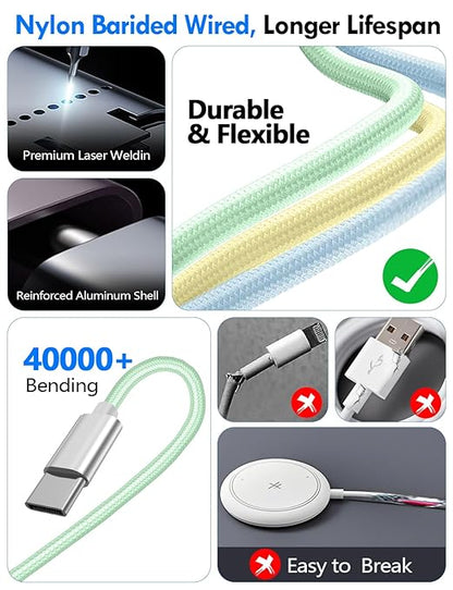2Pack Multi Charging Cable Cord for Travel Essentials,Apple Watch Charger,iPhone Charger,[3-in-2] Type C/L Cable Portable Designed for iWatch,iPhone 17-8,Galaxy S25-21,AirPods,iPad-4FT Green