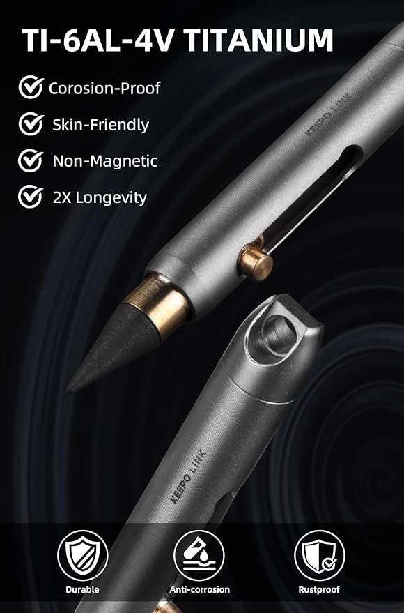 KEEPO LINK Mini Mechanical Pencil with Key Ring & 2 Extra Nibs, Titanium Infinite Keychain Pencil for Everyday Carry, Office, Outdoor, Back to School Supplies, OLP01 (Matte Black)