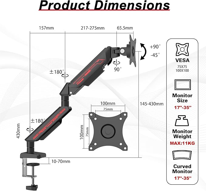 Monitor Arm, Gas Spring Monitor Stand for 17-35 Inch Screens up to 24.3 lbs, Adjustable Mount with C-Clamp & Grommet Base, Ergonomic Computer Monitor Mount (Single Arm Black)