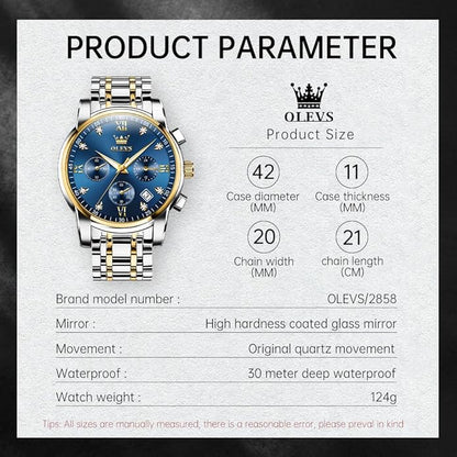 OLEVS Men's Luxury Watch Waterproof Luminous Easy Read Chronograph Watches Full Gold/White Dail/Black Face with Calendar Wristwatch