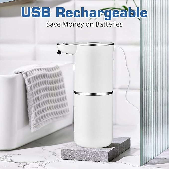 Automatic Foaming Soap Dispenser, LED Display Touchless Foam Hand Soap Dispenser for Bathroom Countertop, Kitchen, 6-Level Adjustable,380ML, Rechargeable(White)