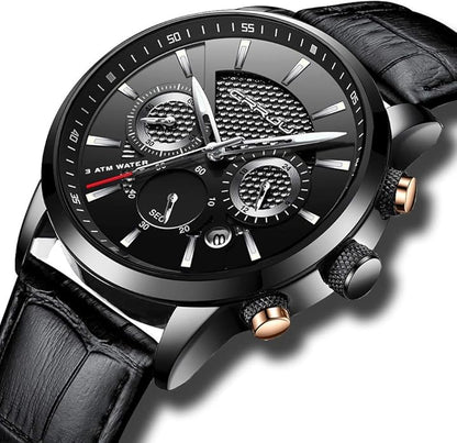 CRRJU Men's Business Casual Chronograph Quartz Waterproof Wristwatch Black Leather Strap