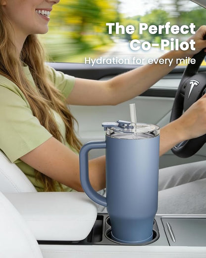 Renoj Tumbler with Handle 100% Leak Proof Insulated Water Bottle for Iced Coffee & Hot Drinks - Fits Car Cup Holder, Ideal Gift, 2 Straws & Silicone Boot BPA-Free - SnapShift Navy Blue 40 oz