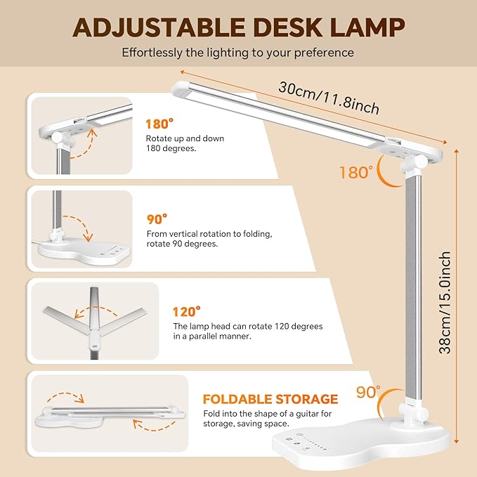 Desk Lamps for Home Office, Dimmable LED Desk Lamp, 5 Color Modes, 10 Brightness, Touch Desk Light with USB Charging Port for Nail Craft Puzzle Sewing Study - Black