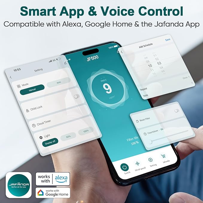 Jafända Air Purifier JF500 with 4 HEPA 13 Activated Carbon Filters Up to 2105ft², Smart Air Cleaner 22dB Sleep Mode for Home Bedroom Large Room Pets Smokers, Removes 99.97% Mold Odor Dander Allergies